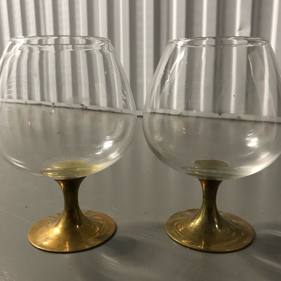Rare Find. Set of 2 Vintage Glass Brandy Snifter with Brass Base. Excellent.